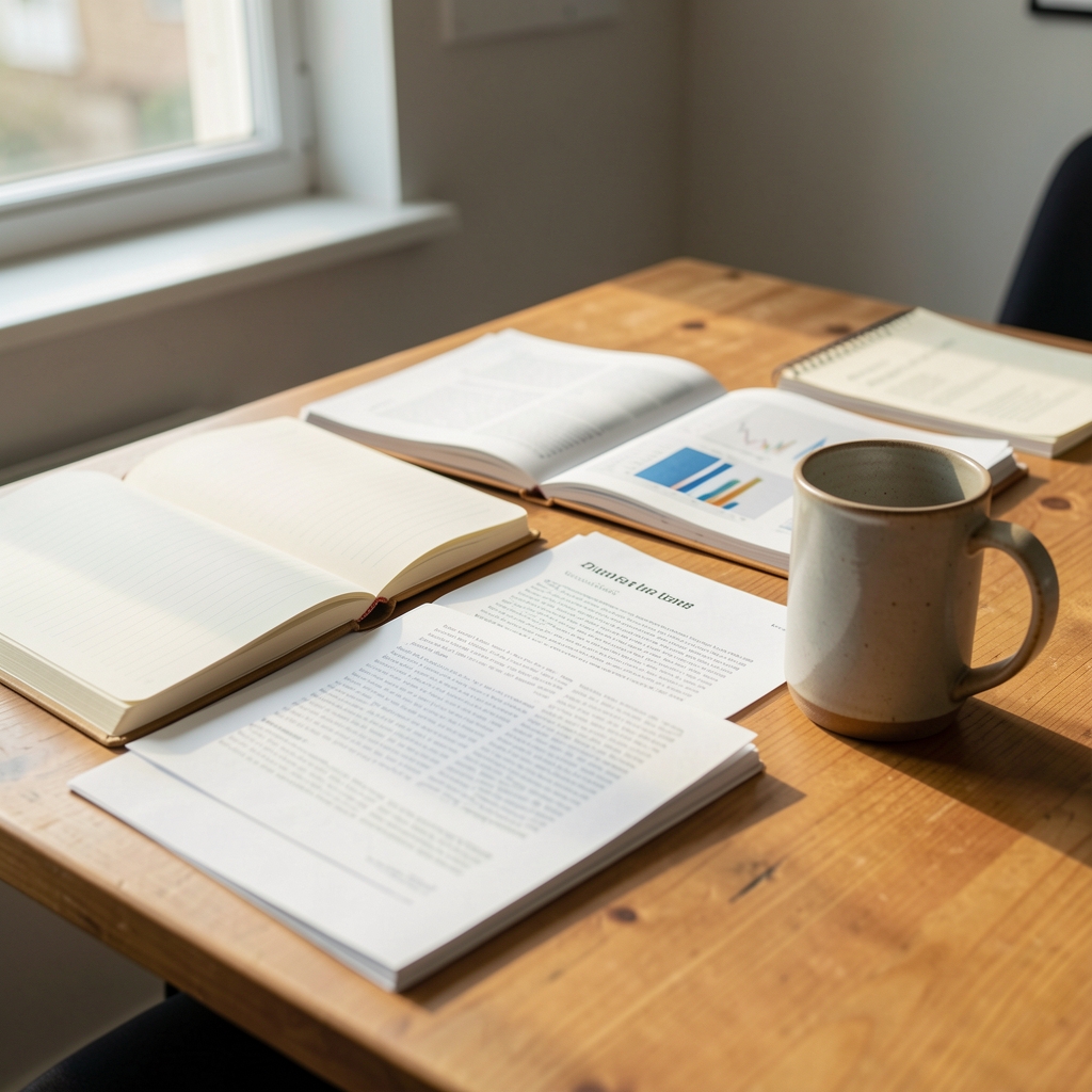 Editorial workspace with open notebooks, printed research papers, and a ceramic mug on a wooden desk in soft morning light