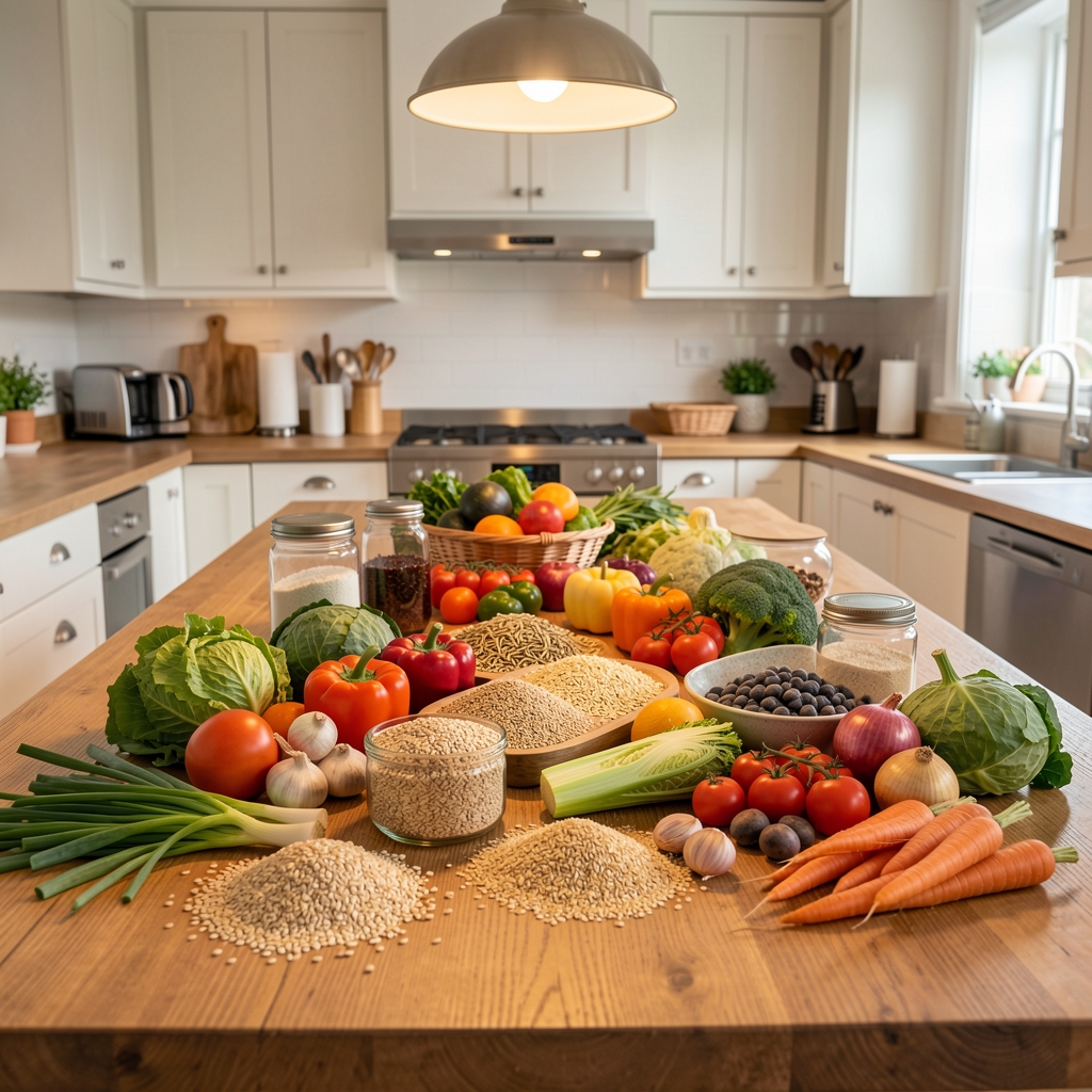 Wide wooden table set with varied seasonal vegetables, whole grains, and preparation ingredients under warm kitchen overhead lighting