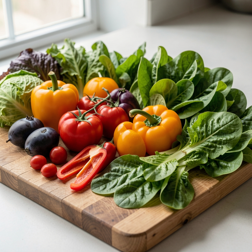 Colourful assortment of fresh vegetables and leafy greens spread across a wooden chopping board in soft natural daylight