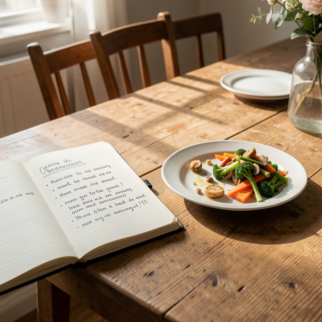 Notebook open beside a half-finished plate of food on a wooden dining table in morning light, showing handwritten meal observations