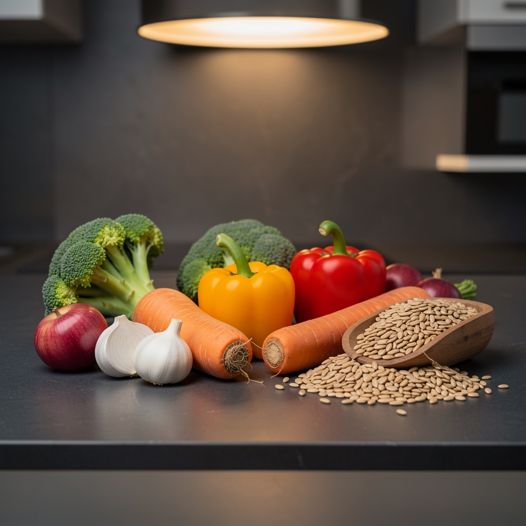 Neatly arranged whole vegetables and grains on a dark kitchen surface under warm overhead lighting